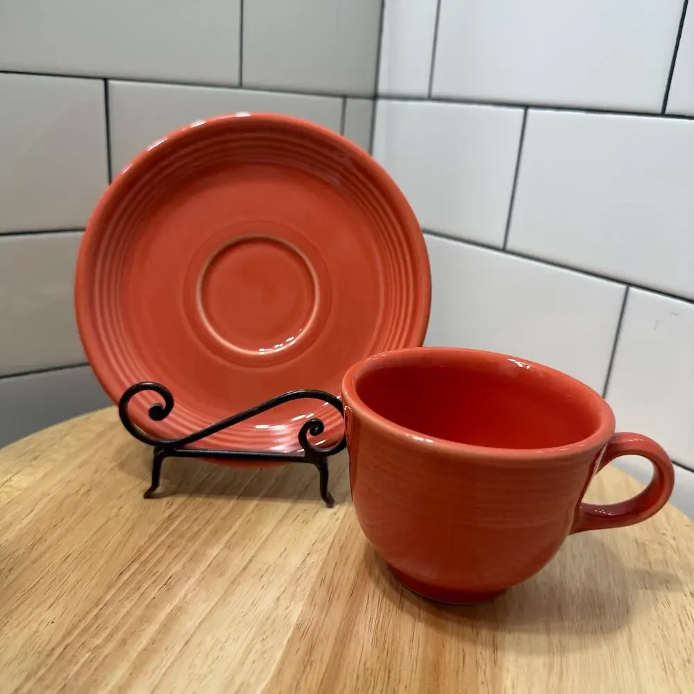 Vintage Fiesta Teacup & Saucer in Persimmon – Homer Laughlin Ceramic Made in USA